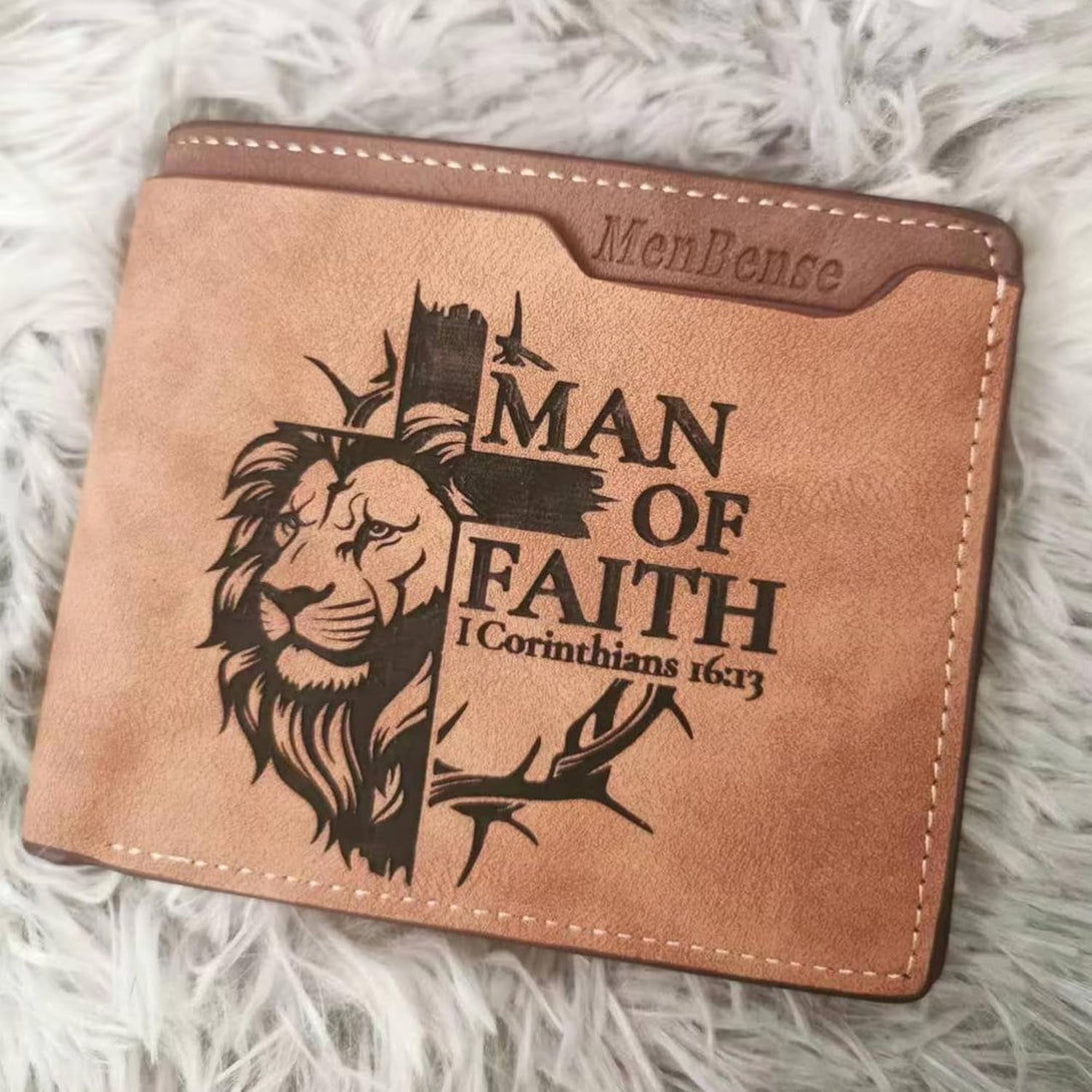 Kasutoo Men'S PU Wallet Multiple Card Slots, Id Window with Laser Engraving Pattern (Lion Man of Faith)