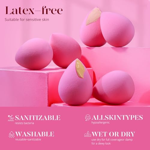BEAKEY Makeup Sponge Set of 6, Super Soft Beauty Sponges for Foundation | for Liquid, Cream & Powder Application, Pink Blender for Flawless
