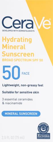 Cerave 100% Mineral Sunscreen SPF 50, Face Sunscreen with Zinc Oxide & Titanium Dioxide, Hyaluronic Acid + Niacinamide + Ceramides, Oil Free,