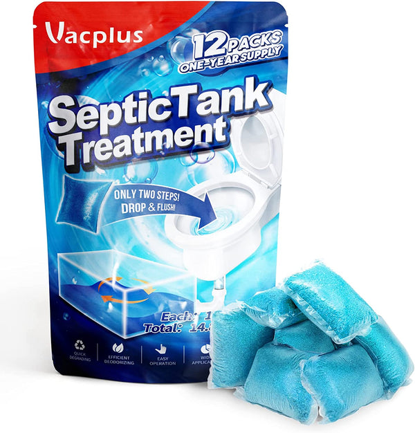 Vacplus Septic Tank Treatment 12 Pcs for 1-Year Supply, Dissolvable Packs with Easy Operation, Durable Biodegradable Enzymes for Wastes, Greases & Odors, Blue, 2X Efficiency