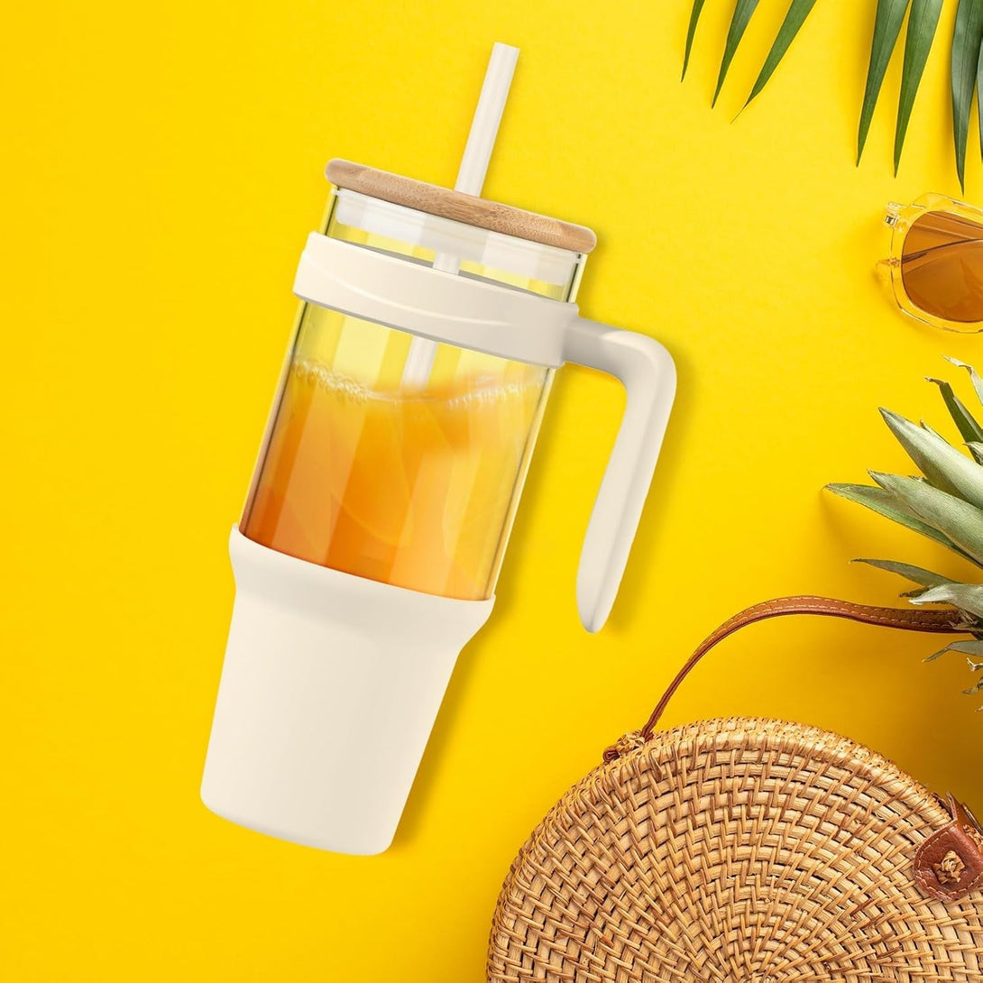 Tronco 40 Oz Glass Tumbler with Straw and Lid, Reusable Glass Tumbler with Handle, Iced Coffee Cup with Bamboo Lid, Glass Water Bottles Fit in Cup Holder, Carbonfree, Lead-Free, Bpa-Free
