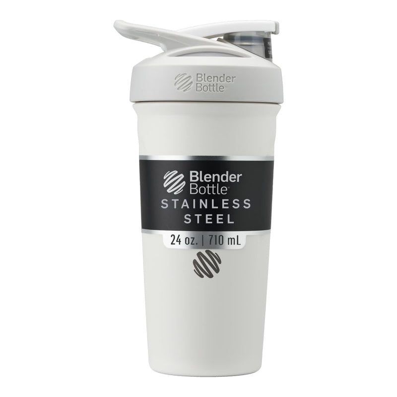 Blenderbottle Strada Shaker Cup Insulated Stainless Steel Water Bottle with Wire Whisk, 24-Ounce, White