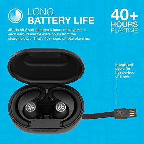 JLab JBuds Air Sport True Wireless Bluetooth Earbuds + Charging Case, Black, IP66 Sweat Resistance, Class 1 Bluetooth 5.0 Connection, 3 EQ Sound