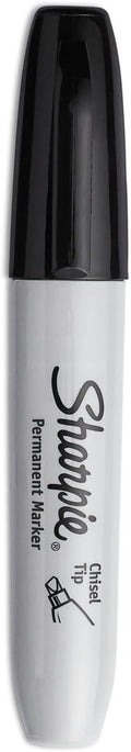 Sharpie Permanent Markers, Large, Chisel Tip, Black, 4 Count - Marks on Paper, Plastic, Metal, and More 4 Count (Pack of 1) Markers