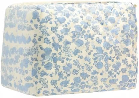 PAZIMIIK Cotton Makeup Bag for Women Large Quilted Travel Cosmetic Pouch Girls' Make up Organizer,Little Flower Blue