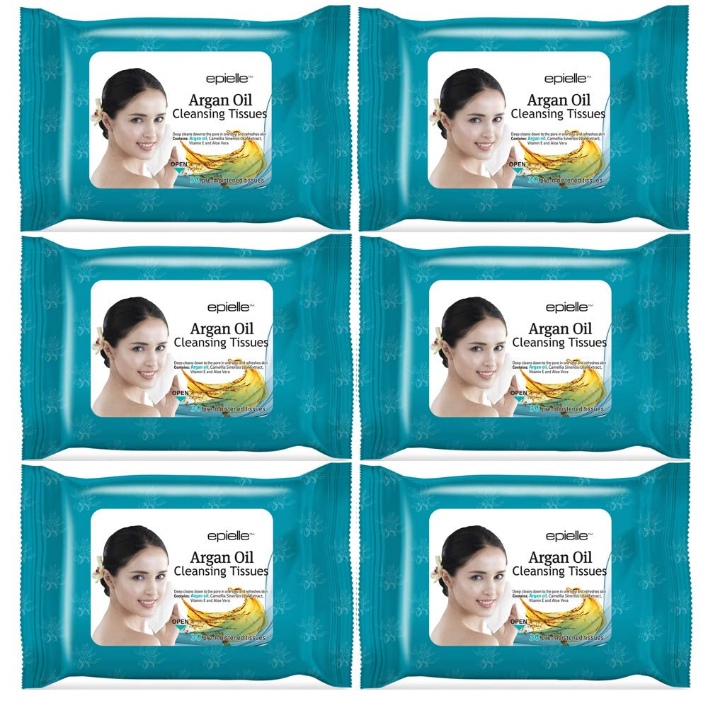 Epielle Argan Oil Makeup Remover Cleansing Wipes Tissue | Gentle for All Skin Types | Daily Facial Cleansing Towelettes | Removes Dirt, Oil, Makeup (Pack of 6), Easter Gift