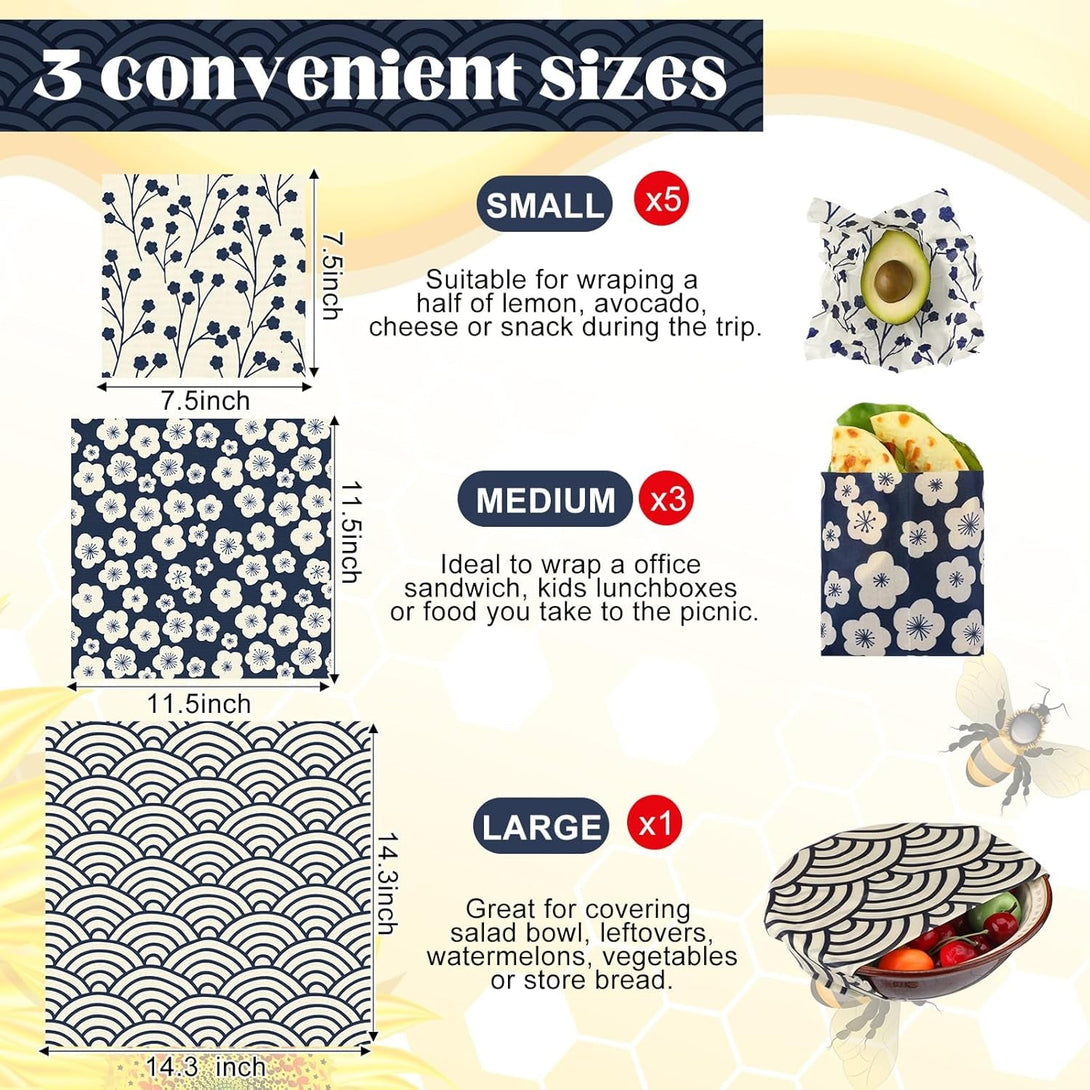 9 Pack Japanese Reusable Beeswax Wraps for Food Eco-Friendly Beeswax Wraps Bread Sandwich Wrapper Organic Sustainable Zero Waste Reusable Plastic-Free Food Storage Wrap 1 XL 3 Medium 5 S