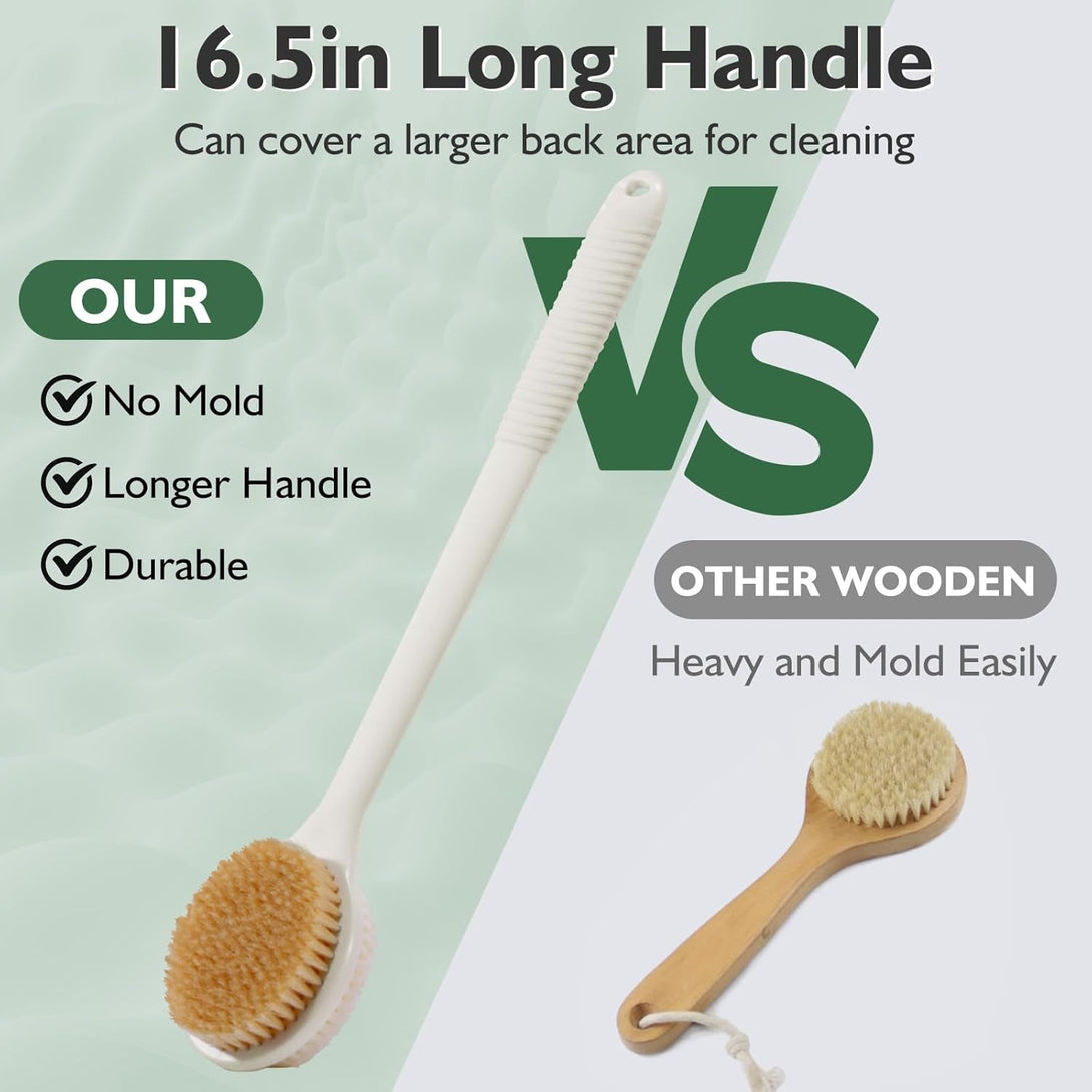 VANZAVANZU 17 Inch Back Scrubber for Shower, Anti-Slip Long Handle Shower Brush with Soft and Stiff Bristles, Exfoliating Bath Brush for Wet or Dry Brushing (Cream White)
