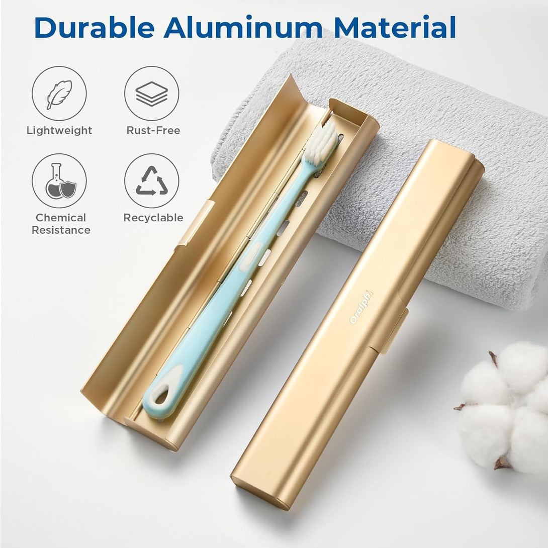 Aluminum Toothbrush Travel Case, Portable Travel Toothbrush Holder, Durable Manual Toothbrush Box Container for Traveling, Bathroom, Camping, Business Trip-Gold