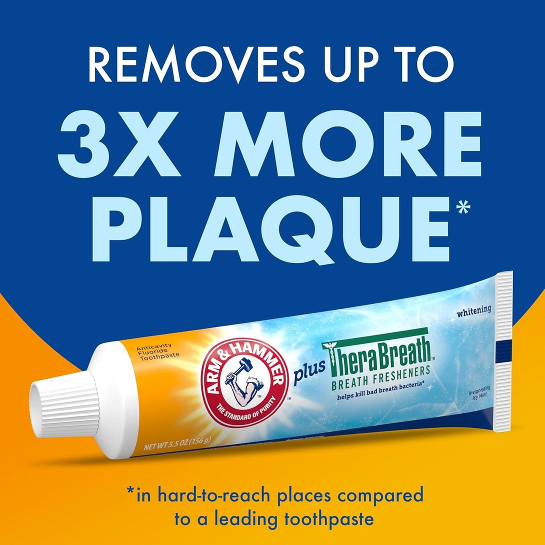 ARM & HAMMER Toothpaste plus Therabreath Breath Fresheners, Invigorating ICY Mint Flavor, Whitening Anticavity Fluoride Toothpaste for Bad Breath, 5.5 Oz (Pack of 2)