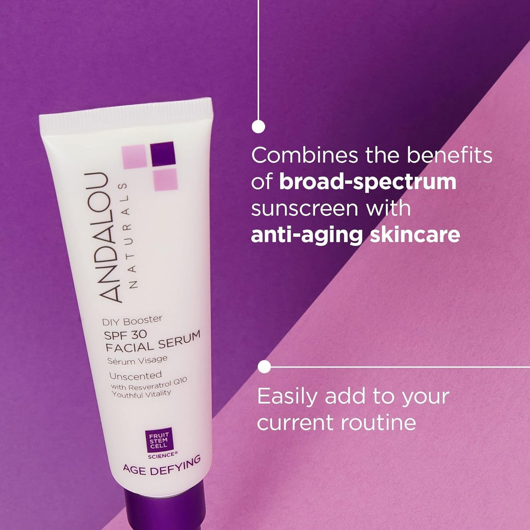 Andalou Naturals DIY Booster SPF 30 Facial Serum Unscented, anti Aging Face Sunscreen with Broad Spectrum Protection, Moisturizing for Dry to Very Dry Skin, 2 Fl Oz