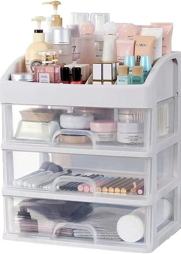 Makeup Organizer with 3 Drawers Plastic Storage for Vanity Cosmetic Display Cases Large Capacity Bathroom Countertop Plastic Storage for Skin Care Products(Arc Type)