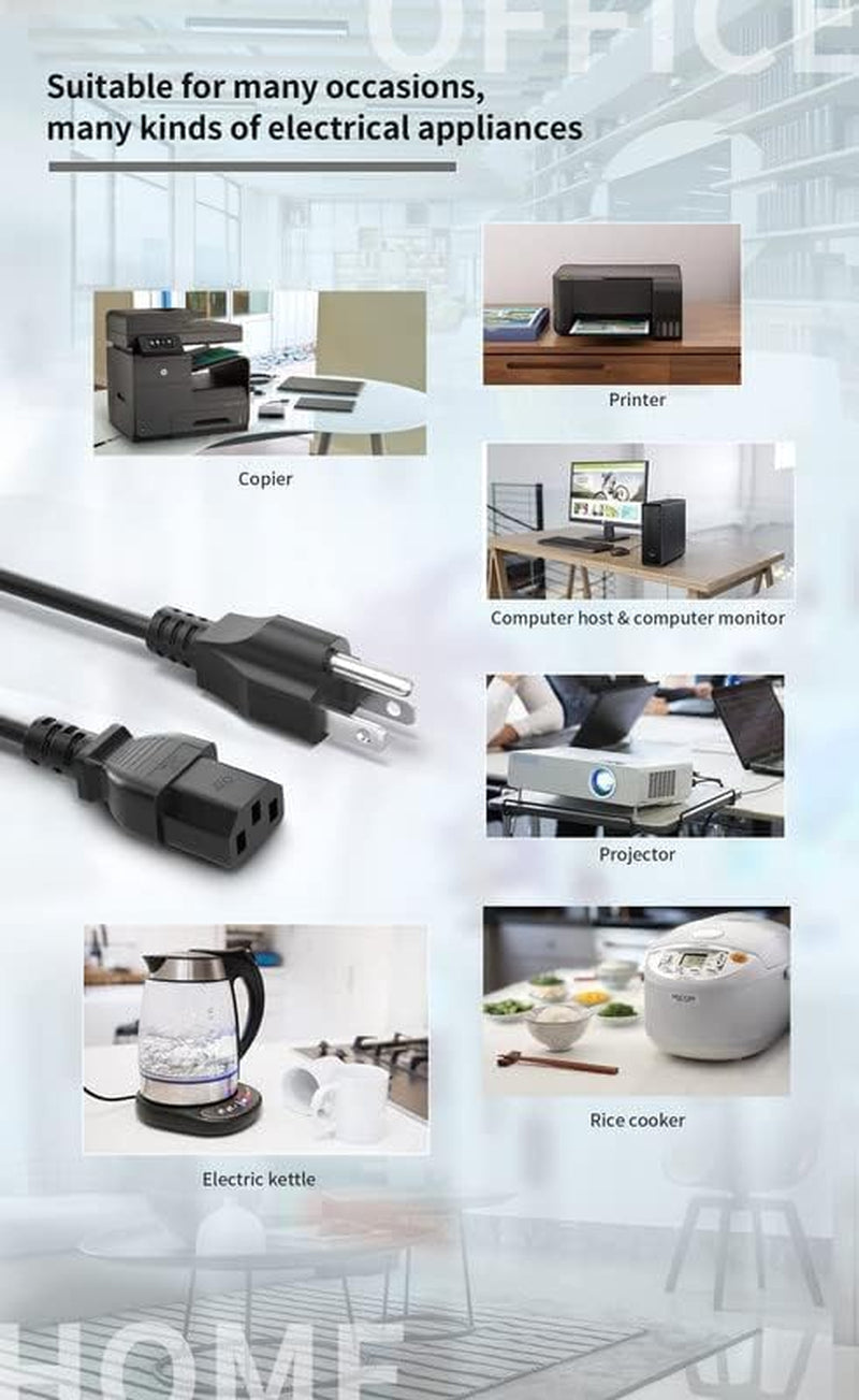 Computer Power Cord - 4FT, 3 Pack 3 Prong AC Power Cable Made for Dell, Samsung, LG, Sony & More Computer Monitors - NEMA 5-15P to IEC60320 C13, Reliable Power Supply for Monitors