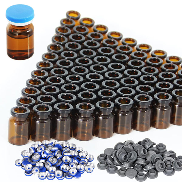 5Ml Amber Glass Vials-1-1/2 Dram Amber Glass Headspace Vials with Plastic-Aluminum Flip Caps and Rubber Injection Stoppers, 100 Pack, 20Mm Flat Bottom Lab Vial