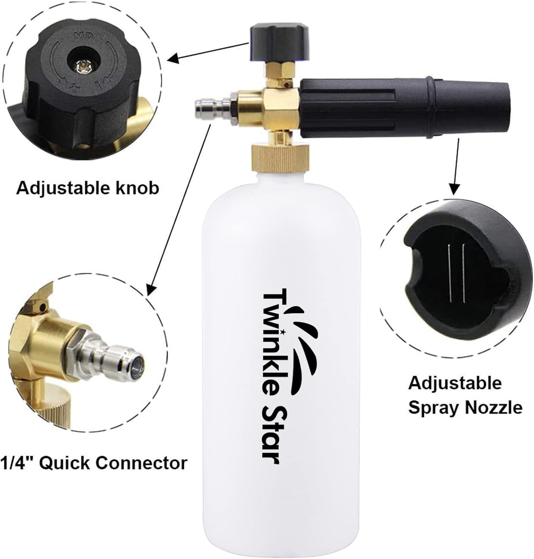 Twinkle Star Foam Cannon 1 L Bottle Snow Foam Lance with 1/4" Quick Connector, 5 Nozzle Tips for Pressure Washer