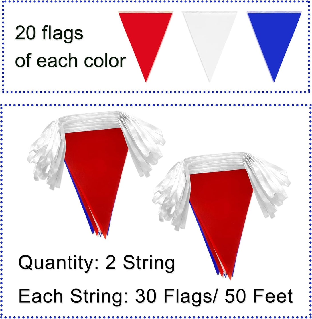 100 Feet Red Blue White Pennant Banner Flags String Triangle Bunting Flag for 4Th of July Kids Birthday Wedding Outdoor Garden Hanging Festivals Decoration,60 Pcs