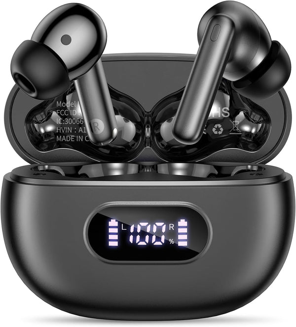 Wireless Earbuds Bluetooth 5.4 Headphones Deep Bass and Noise Cancellation, 50 Hrs Playtime Bluetooth Ear Buds Led Display Wireless Headphones, IPX7 Waterproof Earphones for Android Ios Glossy Black