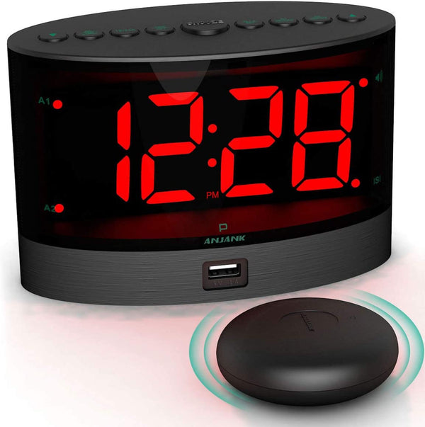 ANJANK Extra Loud Alarm Clock for Heavy Sleepers, Wireless Bed Shaker, Vibrating Dual Alarm, Deaf and Hearing-Impaired, Adjustable Volume/Dimmer/Wake up Mode, USB Charger Port