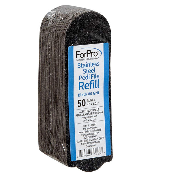 Forpro Professional Collection Stainless Steel Pedi File Refill, 80 Grit, Black, Ez-Strip Peel Pedicure Refill Pads, 1.25” W X 4” L, 50-Count