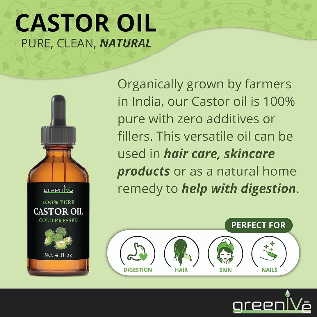 Greenive Castor Oil Organically Grown 100% Pure 4 Fl Oz Bottle Cold Pressed, Hexane Free, Eyelash and Eyebrow Growth Serum, Skin Moisturizer Detox and Wraps