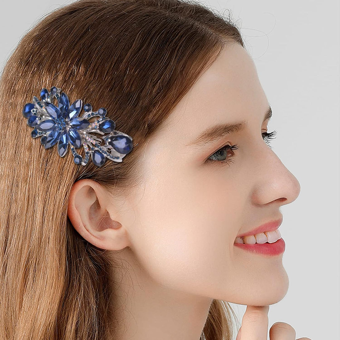 Flower Luxury Jewelry Design Hairpin Rhinestone Hair Barrette Clip,Also Perfect Mother'S Day Gifts for Mom(Dark Blue)