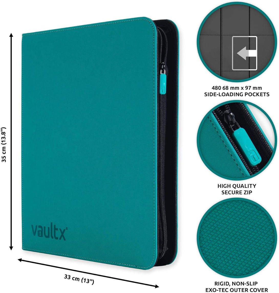 Vault X Premium Exo-Tec Zip Binder 12 Pocket, 20 Double-Sided Pages for 480 Side-Loading Slots for Board, Collectible or Trading Card Game Protective Folder Album (Teal)