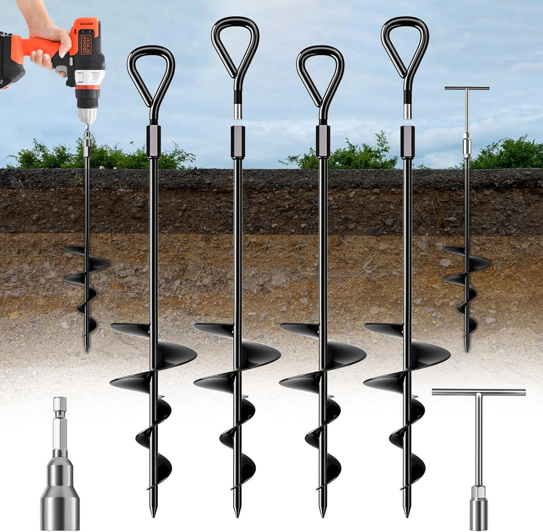 18" Long Ground Anchor, Heavy Duty Earth Anchors 18 Inch Ground Anchors Screw in Kit with T-Handle Hex Wrench for Camping Tent, Swing Sets, Securing Animals, Sheds, Trampoline(4 Pcs) (Black)