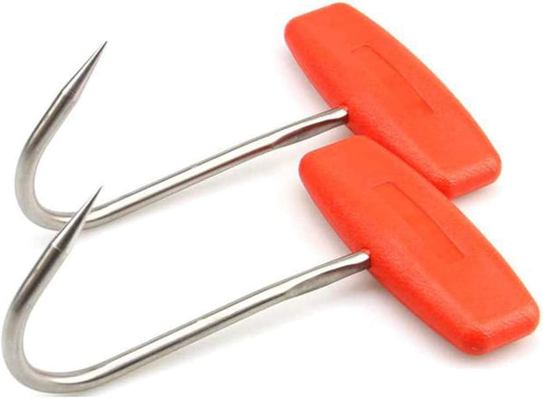 TIHOOD 2PCS Meat Hooks for Butchering,T Shaped Boning Hooks with Handle 6 Inch Stainless Steel Butcher Shop Tool Kit (Orange X2)