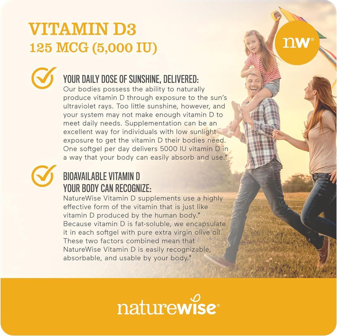 Naturewise Vitamin D3 5000Iu (125 Mcg) 1 Year Supply for Healthy Muscle Function, and Immune Support, Non-Gmo, Gluten Free in Cold-Pressed Olive Oil, Packaging Vary ( Mini Softgel), 360 Count