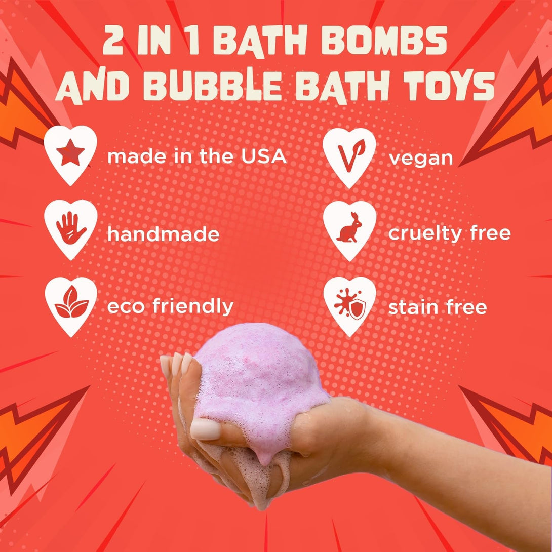 Superhero Bath Bombs for Kids & Boys with Surprise Hero Toys inside (1 Pack) - Large Bubble Bomb for Boys & Girls - Fruity Scent, Relaxing, Gift for Children, Made in USA by Two Sisters