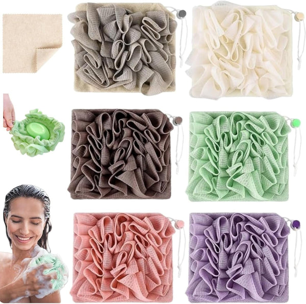 Washcloth Loofah Combo 2-In-1 Loufee Washcloth That Holds Bar Soap-Exfoliation Mesh Shower Ball for Body Wash & Smooth Skin+Free Loofah Dish Towel (Six Colors One Each)