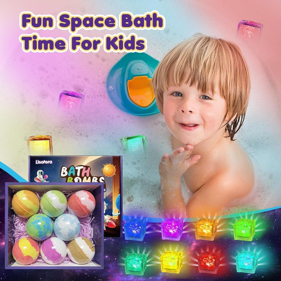 Bath Bombs for Kids with Toys Inside, 8 Light up Bath Bomb of Solar System Set, Planet Bath Bomb with Surprise Inside, Kid-Friendly Bubble Bath Fizzies Gifts for Boys Girls