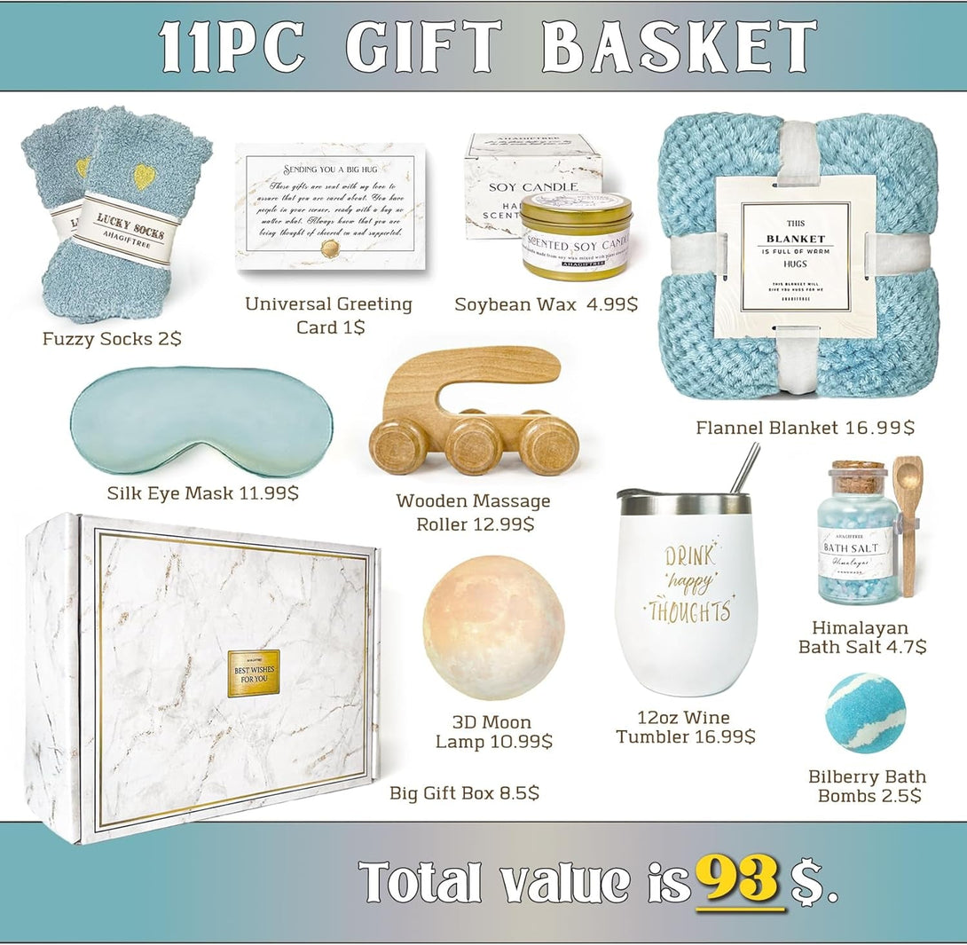 Birthday Gifts for Women Self Care Gifts Get Well Soon Gifts Baskets for Women after Surgery with Moon Lamp, 11PC Spa,Thinking of You Gift, Care Package for Mom Friend (Cyan)