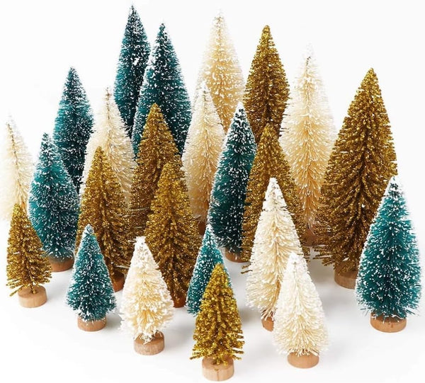 Aerwo 24Pcs Mini Christmas Trees Bottle Brush Trees with Wood Base, Christmas Village Trees for Tabletop Christmas Decor Holiday Winter Decorations