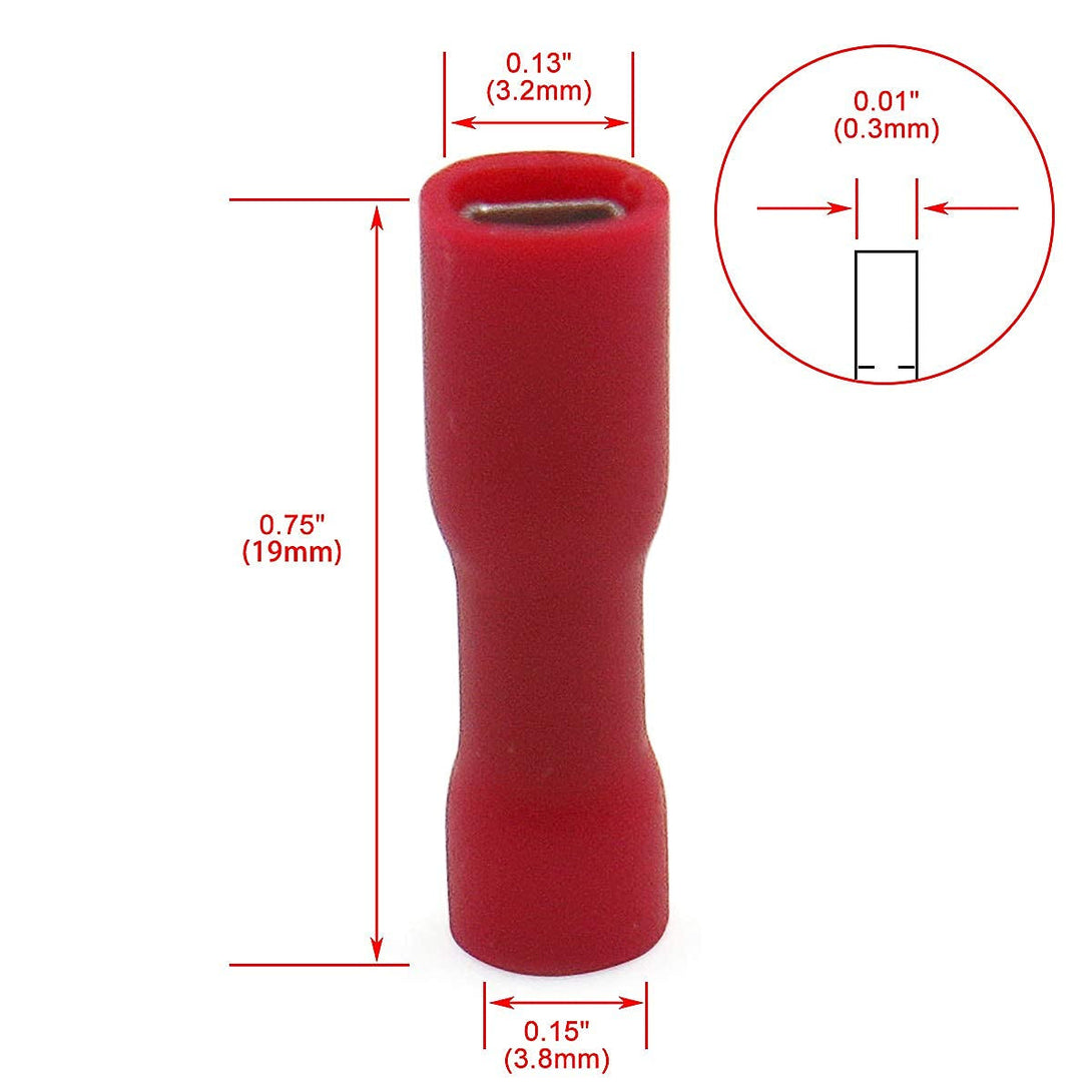 Baomain 0.11" Red Female Insulated Spade Wire Connector Electrical Crimp Terminal 18-22 AWG 2.8 X 0.5Mm (100PCS)