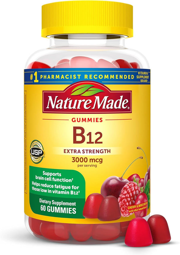 Nature Made Extra Strength Vitamin B12 Gummies, 3000 Mcg per Serving, B12 Vitamin Supplement for Energy Metabolism Support, 60 Gummy Vitamins, 30 Day Supply
