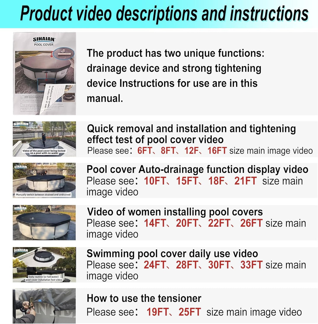 12 Ft Pool Cover, with Automatic Drain round Pool Cover, One-Piece Quick Installation and Removal above Ground Pool Cover, Preventing Waterlogging, UV Protected Solar Swimming Pool Cover