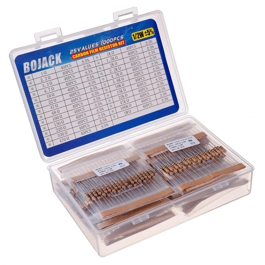 BOJACK 1000 Pcs 25 Values Resistor Kit 1 Ohm-1M Ohm with 5% 1/2W Carbon Film Resistors Assortment