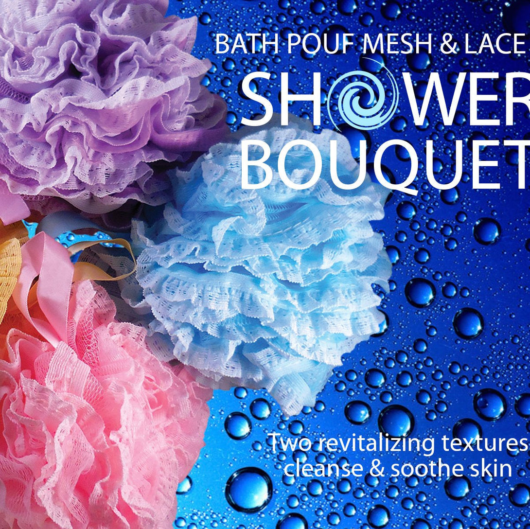 Loofah-Bath-Sponge Lace-Mesh-Set // 2-Scrubs-In-1 by Shower Bouquet/Large Full 60G Pouf (4 Pack Spa Colors) Body Luffa Loofa Loufa Puff - Exfoliate, Cleanse Skin with Luxurious Bathing Accessories
