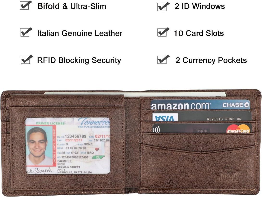 Wallet for Men-Genuine Leather RFID Blocking Bifold Stylish Wallet with 2 ID Window