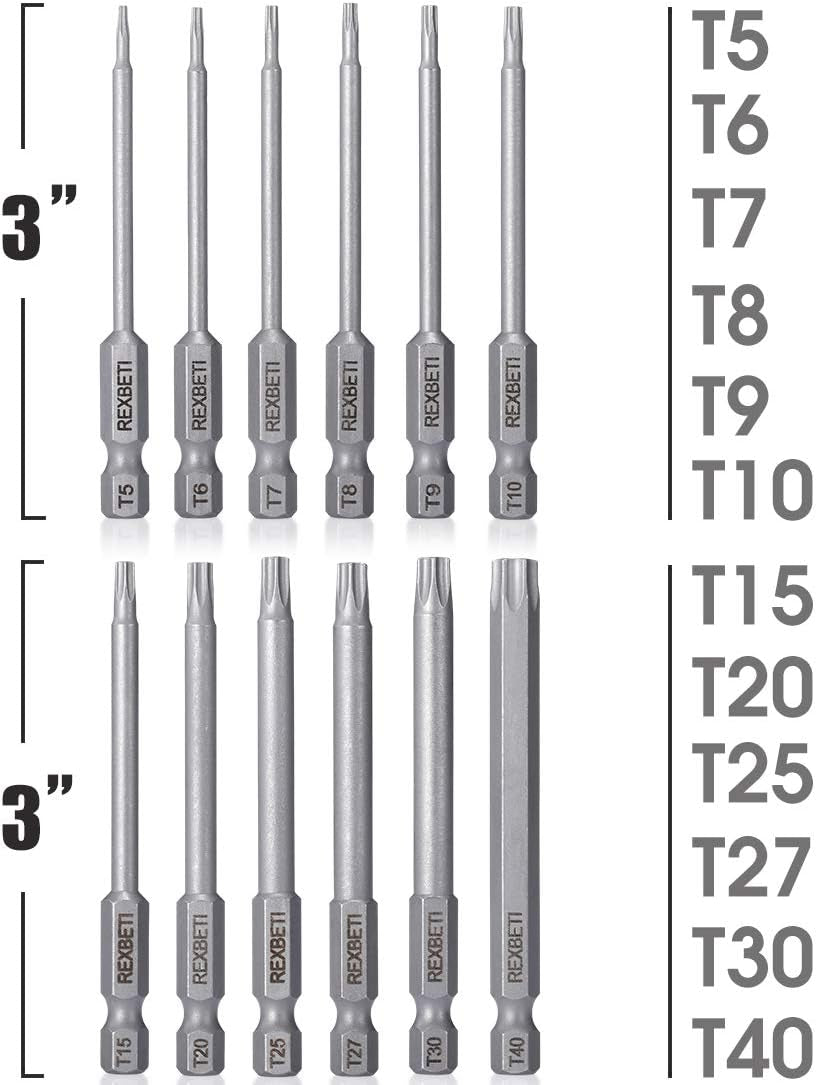 REXBETI 12 Piece Torx Head Screwdriver Bit Set, 1/4 Inch Hex Shank S2 Steel Magnetic 3 Inch Long Drill Bits, T5-T40 (Torx Head)