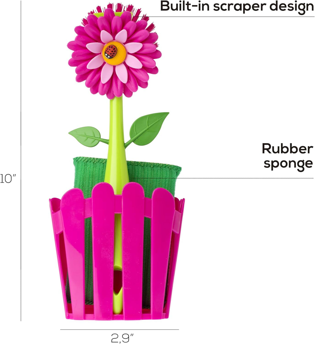 Vigar Flower Power 3-In-1 Kitchen Sink Caddy Set, Flower-Shaped Dish Brush, Sponge, Fence-Shaped Holder and Suction Cup, Ideal Sink Organizer, Pink