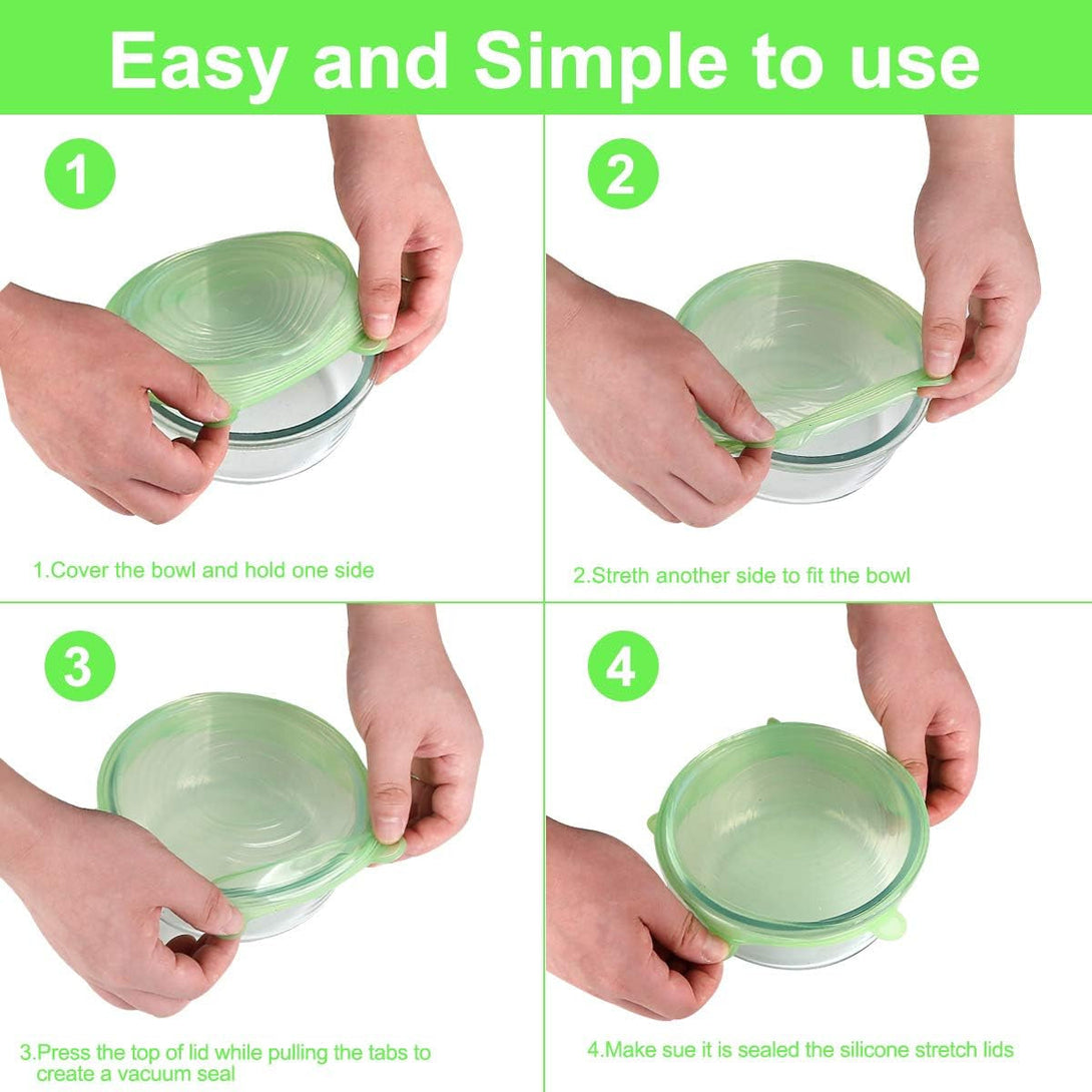 Silicone Stretch Lids, 12 Pack Silicone Lids, 6 Sizes Bpa-Free Silicone Bowl Covers Reusable for Cups, Bowls and Dish, Flexible, round and Rectangle Fit 2.8” - 8.2” Container, Green & Blue