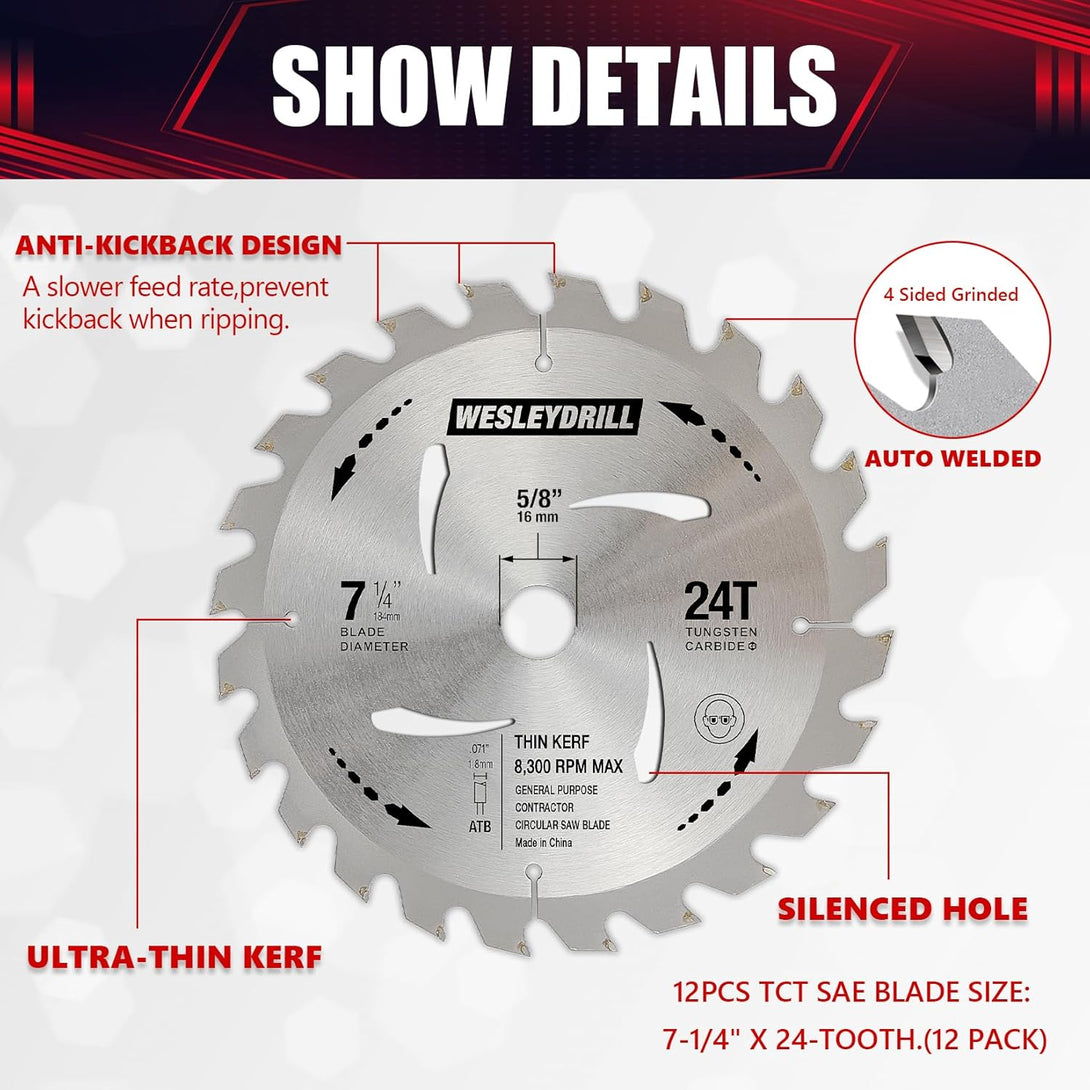 12 Packs Circular Saw Blade Set, 7-1/4" X 24-Tooth, Carbon Steel, 5/8 Inch Arbor, DIY Cutting for Wood, Laminate, Wood Composites, Veneered Plywood & Hardwoods