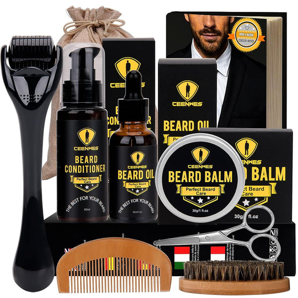 Ceenwes Upgraded Beard Grooming Kit - Conditioner, Oil, Brush, Comb, Balm, Scissors, Storage Bag for Beard and Mustache Trimming, Perfect Men'S Gift