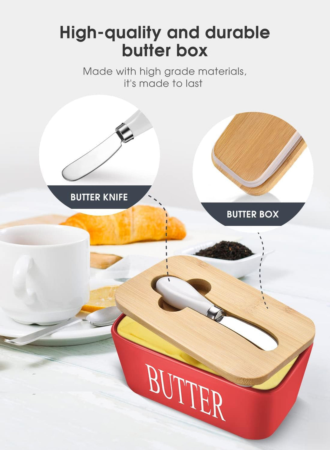 AISBUGUR Large Butter Dish with Lid Ceramics Butter Keeper Container with Knife and High- Quality Silicone Sealing Butter Dishes with Covers Good Kitchen Gift Red 6.3 X 3.5 X 2.7 Inches