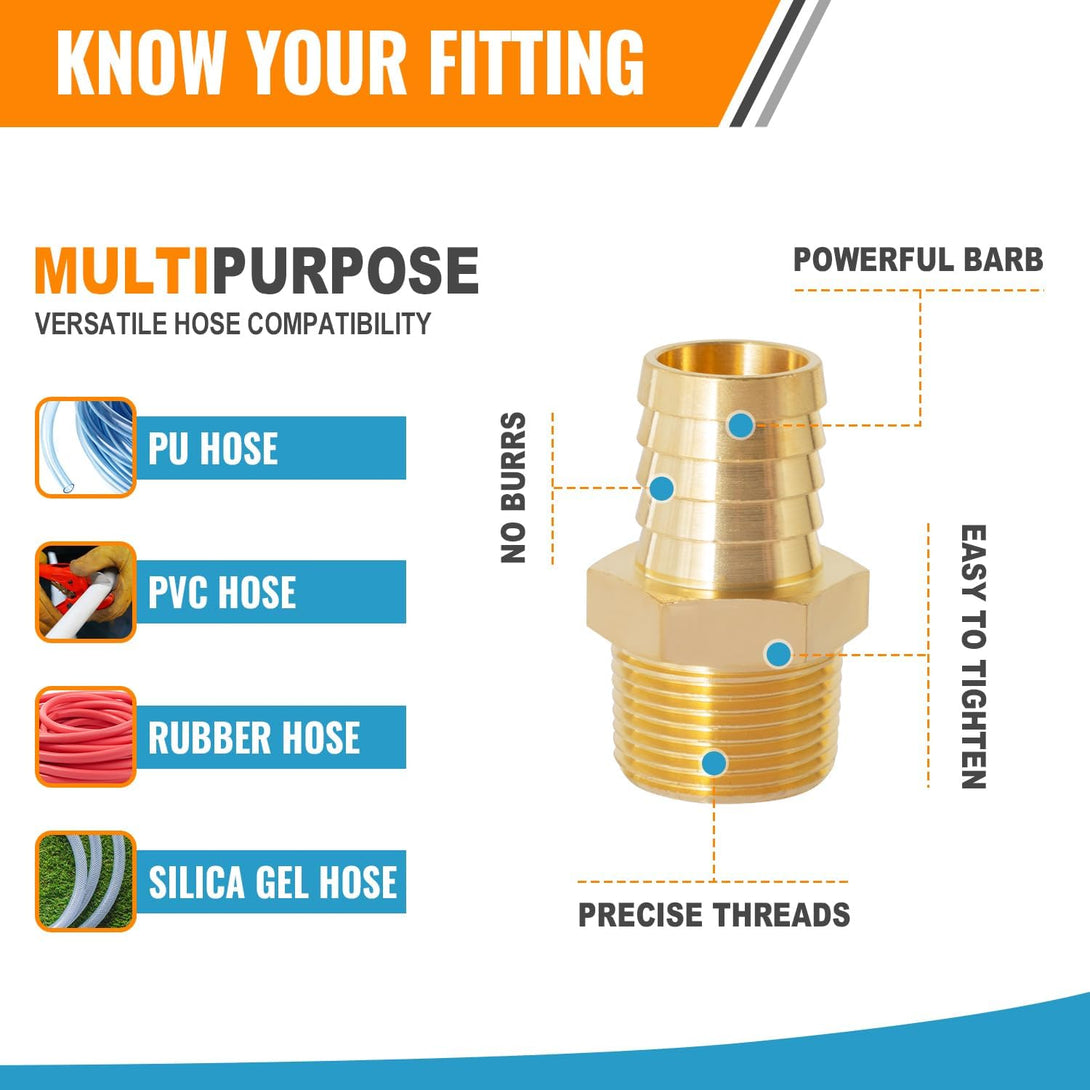 SUNGATOR 1/4" NPT to 3/8" Barb Hose Barb Fittings, Brass Air Hose Barb Fittings, 3/8" Barb to 1/4" NPT Male Thread Hose Barb Adapter Connector, Barbed Air Hose Repair Fitting Kit for Gas/Air (12 Pack)