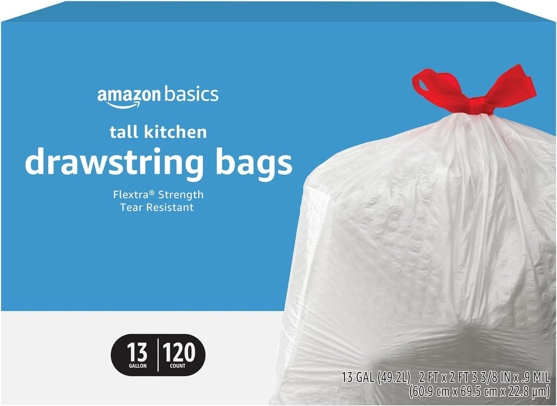 Amazon Basics Flextra Tall Kitchen Drawstring Trash Bags, 13 Gallon, 120 Count