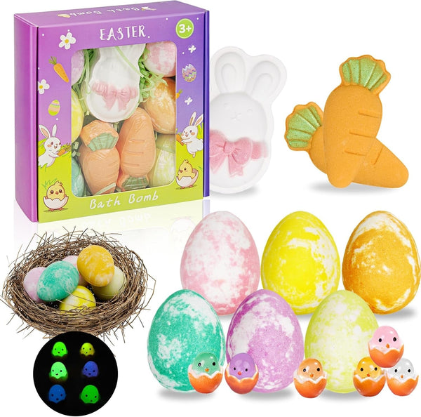 Easter Bath Bombs with Surprise Inside: 9 Pcs Natural Organic Egg Bunny Shaped Basket Stuffers for Kids Girls Boys Bubble Bathbombs Fruit Scented Spa Birthday Gift Set Party Favors Children Prize