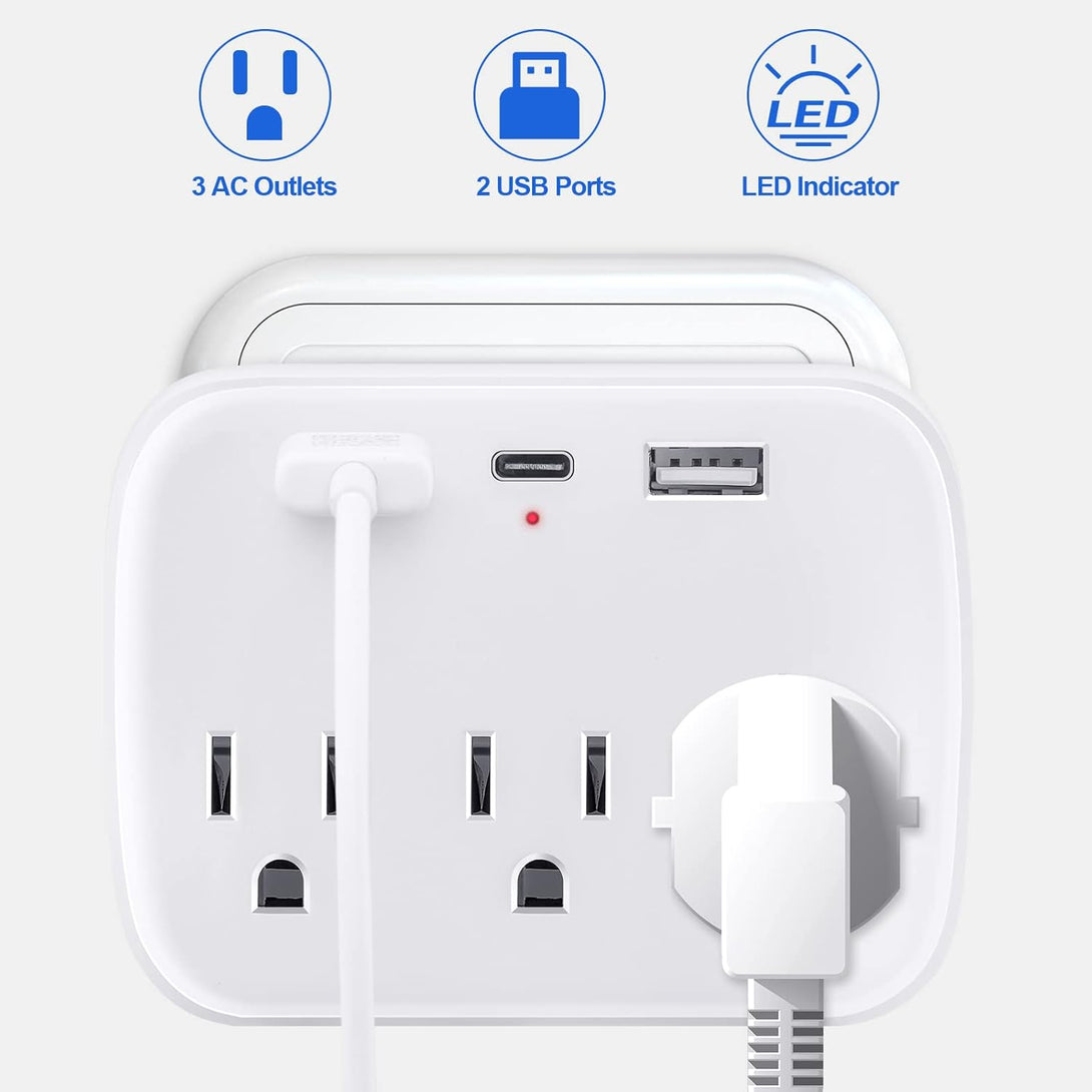 Cruise Power Strip Cruise Essentials Non Surge Protection Outlet Extender with 3 USB Outlets Ports (1 USB C) Portable Travel Adapter Multiple Plug for Cruise Ship, Home, Office, White